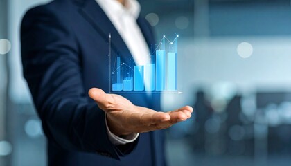 Business wallpaper with a translucent 3D graph shape on the hand of a man in a suit