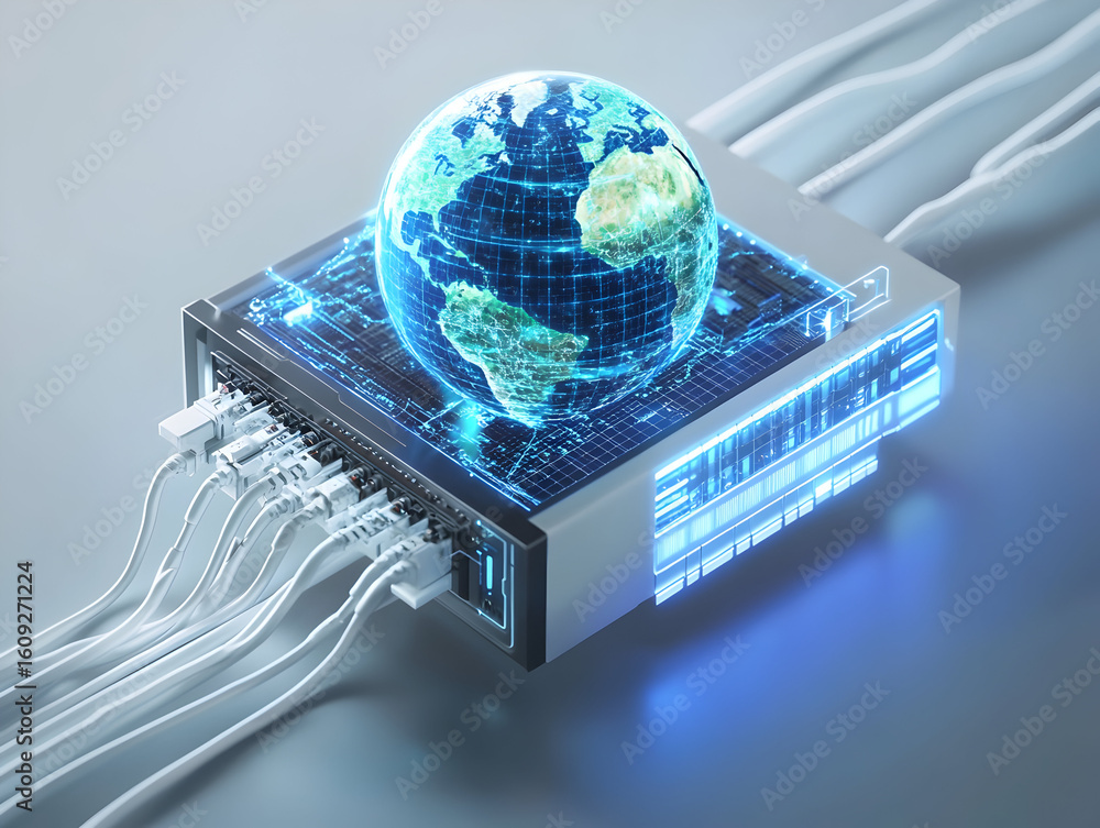 Poster global network infrastructure visualized as a futuristic server with a glowing digital earth, showca