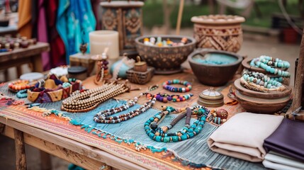 A boho craft fair with handmade jewelry and colorful textiles, 