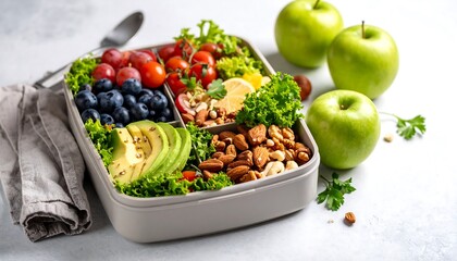Nutritious and colorful lunchbox with fruits, vegetables and nuts for healthy eating