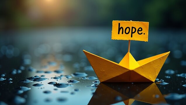 Hope and resilience conceptual symbol with yellow paper boat and sign floating on water after rain representing optimism