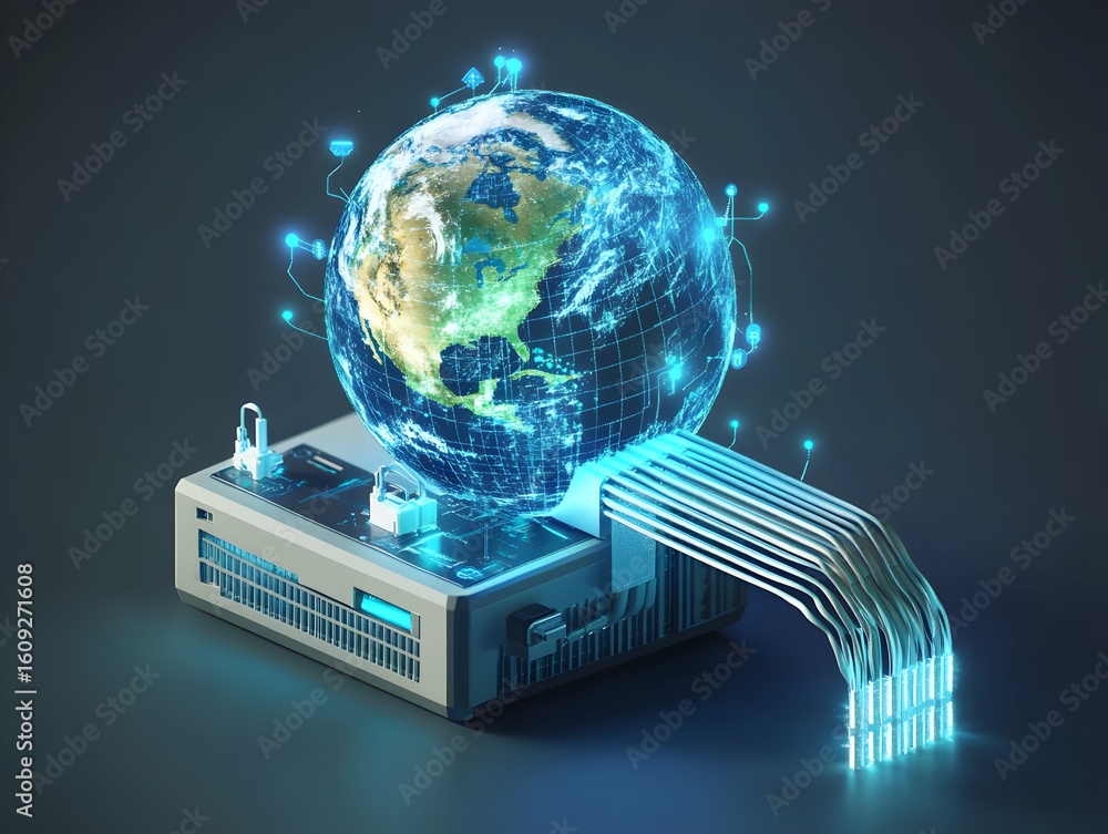 Poster global network data streams flow into a powerful server, visualized as a glowing earth, symbolizing 