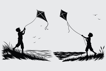 Boy flying a kite near the shore at twilight  image silhouette design vector art and illustration