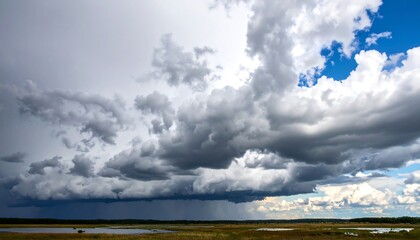 Ominous clouds over a field with scattered water bodies creating a scenic vista