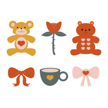 Simple Flat Valentine Elements Cute Bear Rose Bow Mug Icon Set
