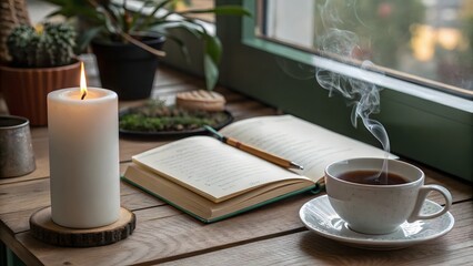 A cozy scene with a candle, book, and steaming cup of coffee by the window
