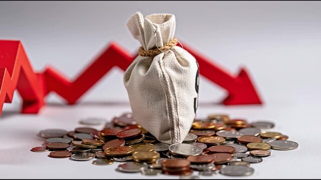 A cloth bag with a dollar sign sits on coins, with a red downward arrow in the background, symbolizing financial loss.