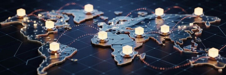 world map visualizes a global blockchain network, Glowing cube-shaped nodes, illustrating decentralized cryptocurrency transactions and secure data transfer across continents