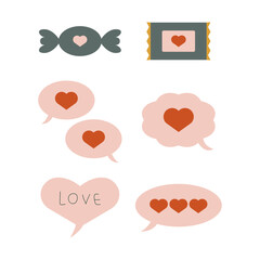 Flat Design Sweet Hearts Candies and Speech Bubbles Love Elements Set