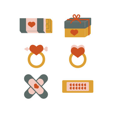 Modern Flat Style Love Icon Set with Chocolate Gift Ring