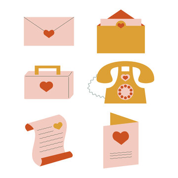Cute Flat Design Romantic Letter Love Message Stationery Icon Set