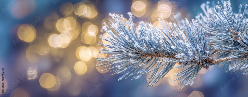 Poster the frosted pine branch illuminated by soft bokeh lights