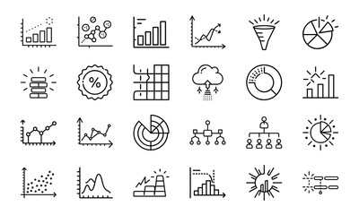 Line Art Icons for Data Analysis, Business Intelligence, and Graph Representation