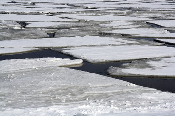Melting ice floes drifting on a cold body of water, symbolizing seasonal thaw and climate change in a frozen natural environment.