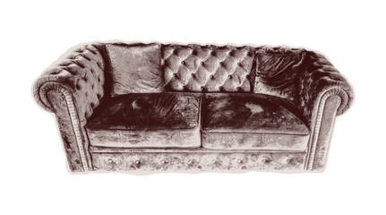 Trendy halftone collage of Vintage velvet sofa cut from old newspaper. Isolated vector illustration grayscale retro sticker with Dot texture. Vintage Pop art aesthetic, y2k vibe nostalgic