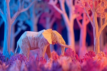 Low Poly Elephant in a Dreamlike Forest