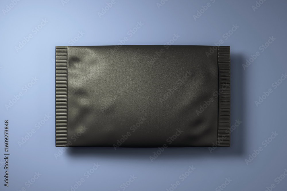 Poster black matte snack pouch mockup on blue background for product branding and packaging design presenta