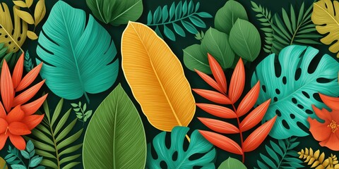 Tropical leaves forming vibrant jungle pattern