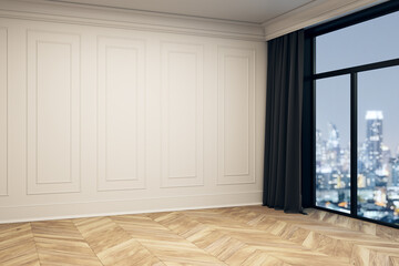 Contemporary empty beige wall with molding and wooden parquet flooring in modern room with city view through large window at night. 3D Rendering