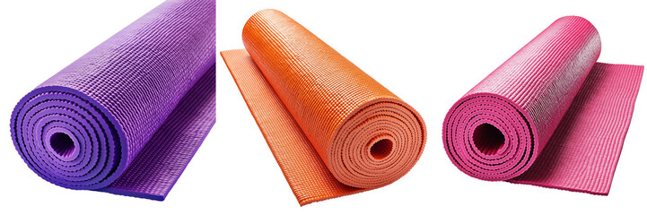 Set of bright rolled up yoga mat, isolated
