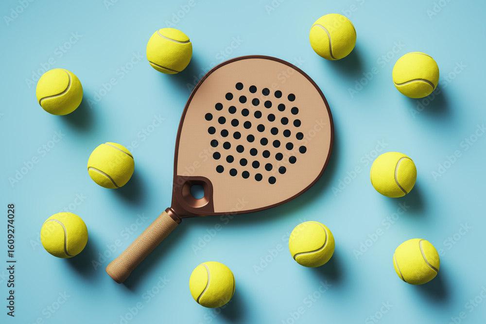 Poster stylish padel racket with scattered yellow balls on minimal blue background representing active life