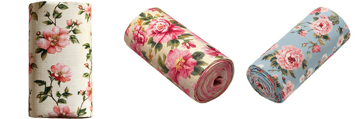 Set of rolled fabric floral pattern , isolated