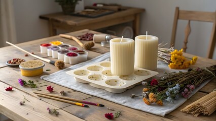 Still life of candles, paints, and flowers on a wooden table indoors studio shot