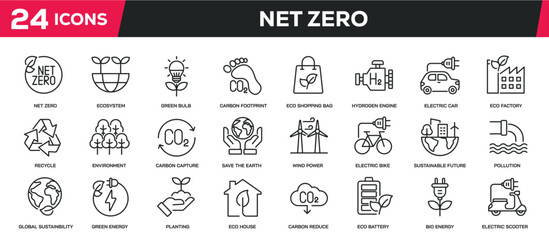 Set of collection line icons related net zero, ecology, environment. Editable stroke. Perfect pixel on transparent background