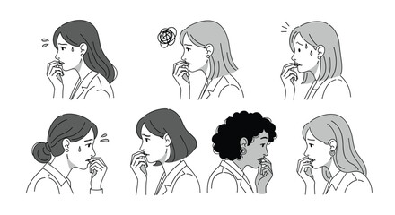 A collection of diverse women expressing various emotions through subtle facial gestures and hand movements