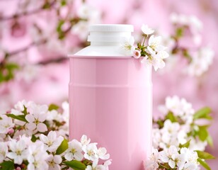 Pastel container adorned with delicate spring blossoms conveying freshness and purity
