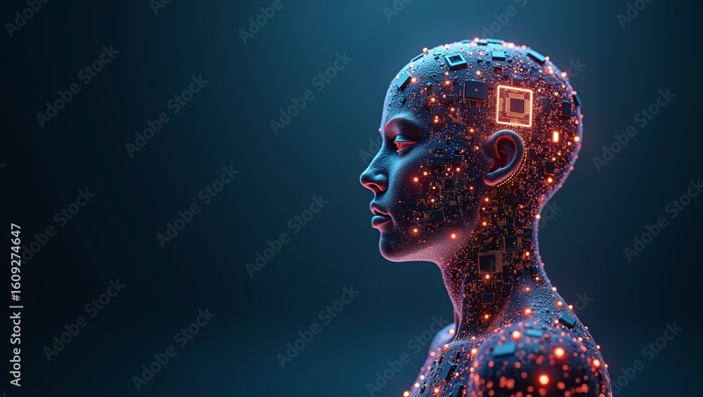 Poster artificial intelligence and human technology integration concept with digital human head and glowing