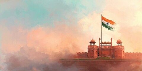 Watercolor illustration of red fort with place for text.