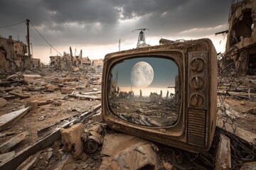 Post-Apocalyptic Scene Reflected in an Old Television Set Amidst Ruins Under a Large Moon