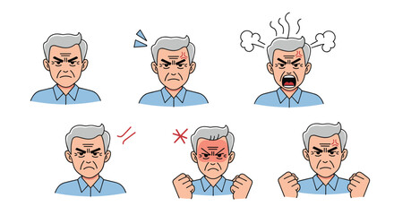Fototapeta premium Illustrations of an angry old man displaying various expressions of frustration and rage