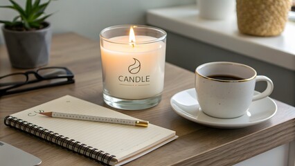A lit candle, coffee cup, notebook, pencil, and glasses on a wooden surface