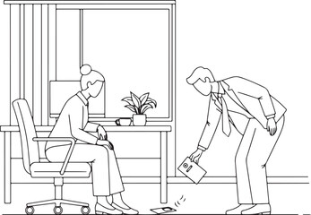 Man courteously picking up dropped item for woman at office desk demonstrating helpfulness and respect