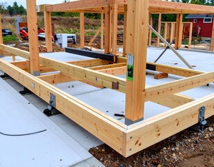 Wooden framing of a house under construction.  Foundation supports, beams, and connections are visible.  Partially completed structure