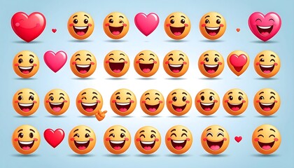 Naklejka premium Collection of cartoon smiley faces, many expressing joy, with hearts