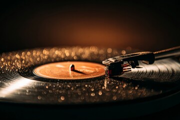 Close-up of a Vintage Turntable Needle on a Vinyl Record with Golden Bokeh
