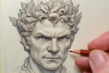 Intense Pencil Sketch of a Man with Leaf Crown