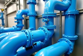 Obraz premium Complex Network of Blue Industrial Pipes and Valves - Manufacturing and Infrastructure