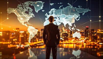 A man in a suit with a three-dimensional world map in the background