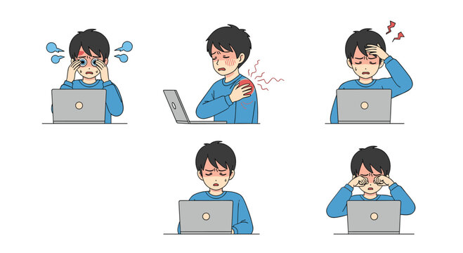 Person experiencing discomfort and pain while working on a laptop computer demonstrating various symptoms of digital strain