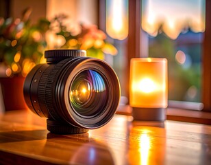 Photography lens capturing golden hour light on a wooden surface with bokeh effect