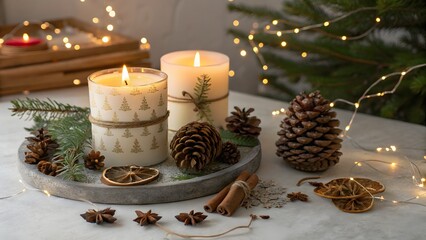 Still life of christmas candles with pine cones and festive decorations