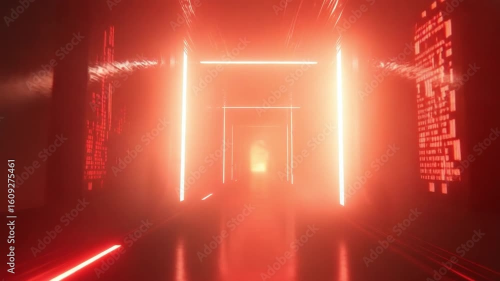 Poster futuristic hallway with glowing lights and abstract patterns creating a surreal and immersive atmosp