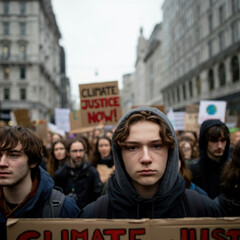 A young protesters during a climate protest march, surrounded by a crowd demanding urgent environmental action.