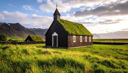 Picturesque Black Church of Budir with Grass Roof in Snaefellsnes Iceland
