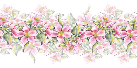 Watercolor illustration of pink apple blossoms with green leaves seamless border. Suitable for eco cosmetics, floral packaging, seasonal branding, spring festivals, and wedding stationery.