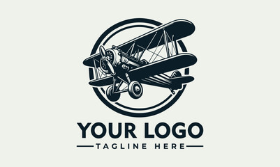 Vintage biplane illustration inside a circular frame, with logo text below. © nuaari